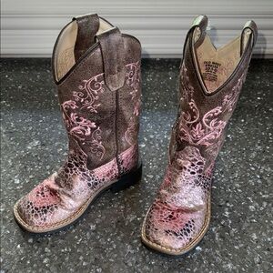 Old West GIRLS Brown+Pink Crackle Antique Square Toe Cowboy Boots. Size 10.5